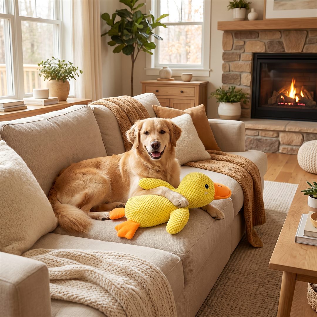 Blije, rustige hond met de eend