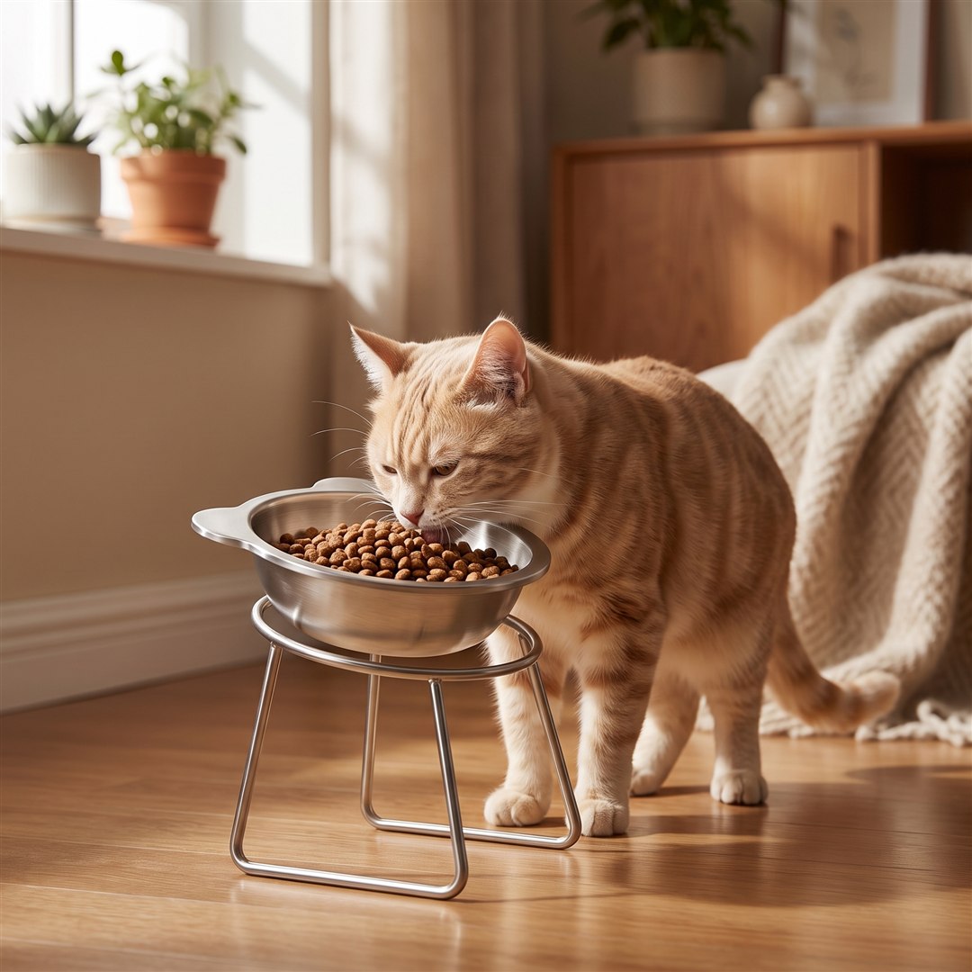 Kat eet rustig uit de verhoogde bak