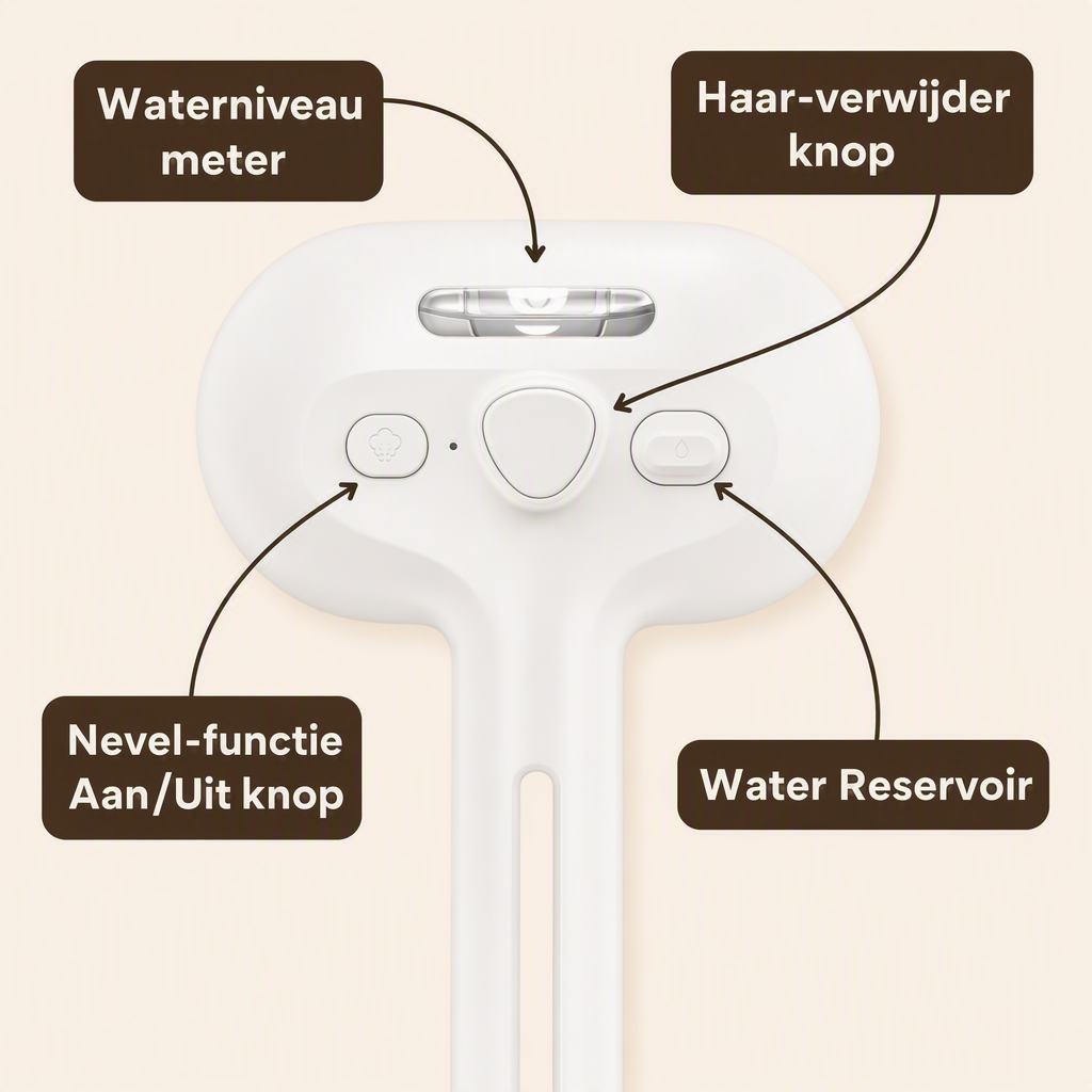 STEAMBRUSH PRO knoppen: waterniveau, haar-verwijderknop, nevel aan/uit, reservoir