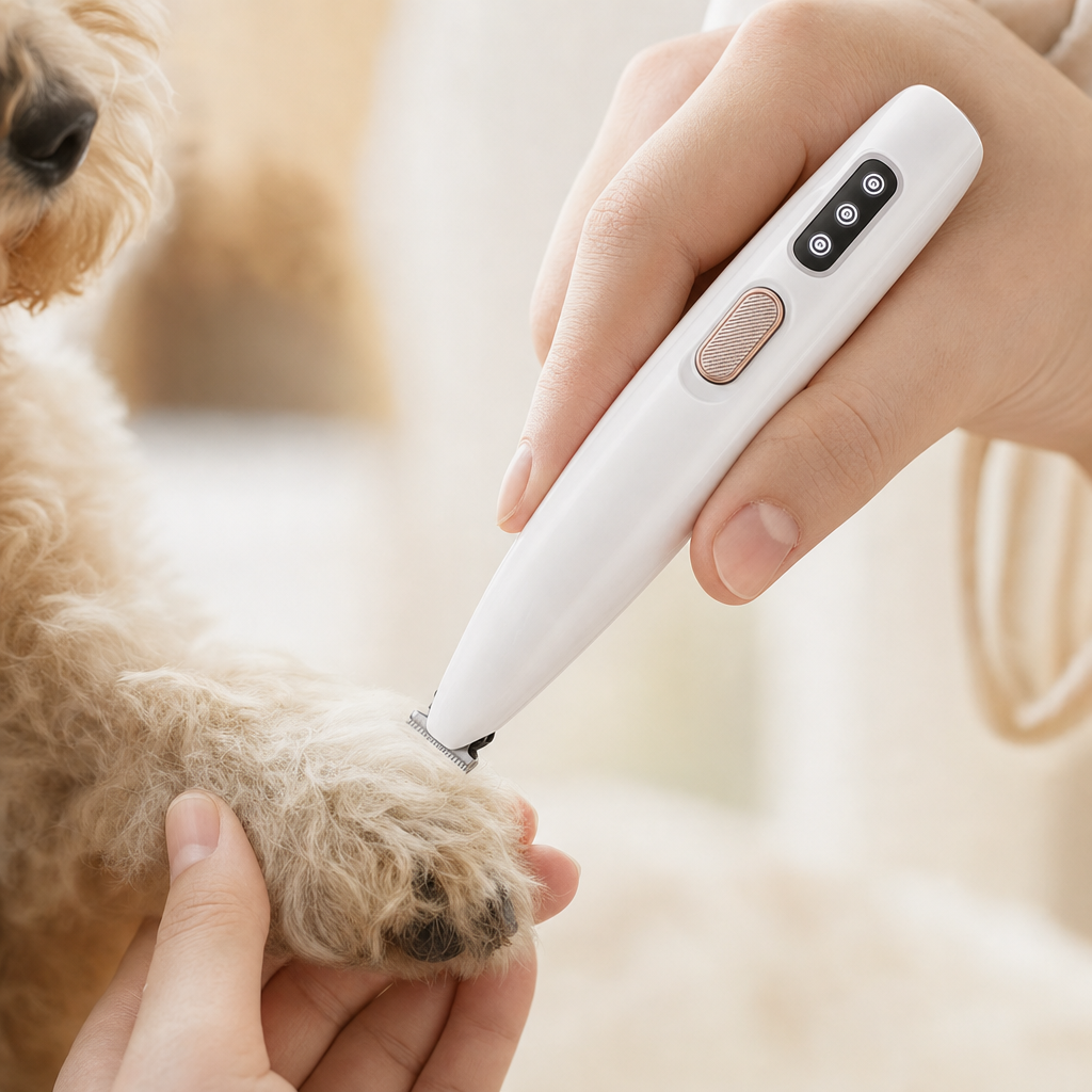 Hond die getrimd wordt met de SILKPAW trimmer, close-up