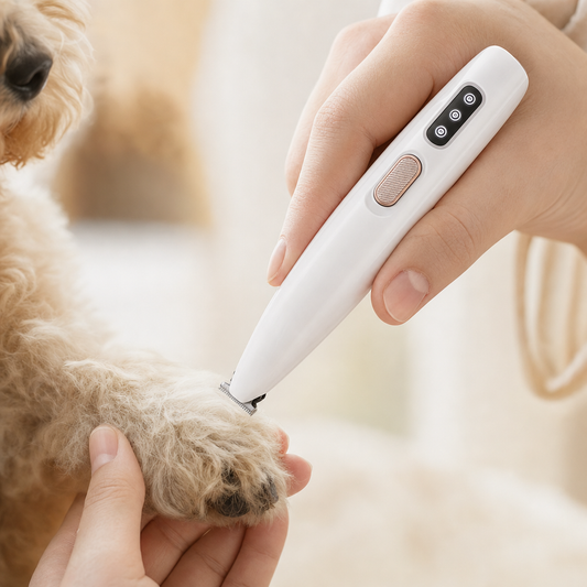 Hond die getrimd wordt met de SILKPAW trimmer, close-up