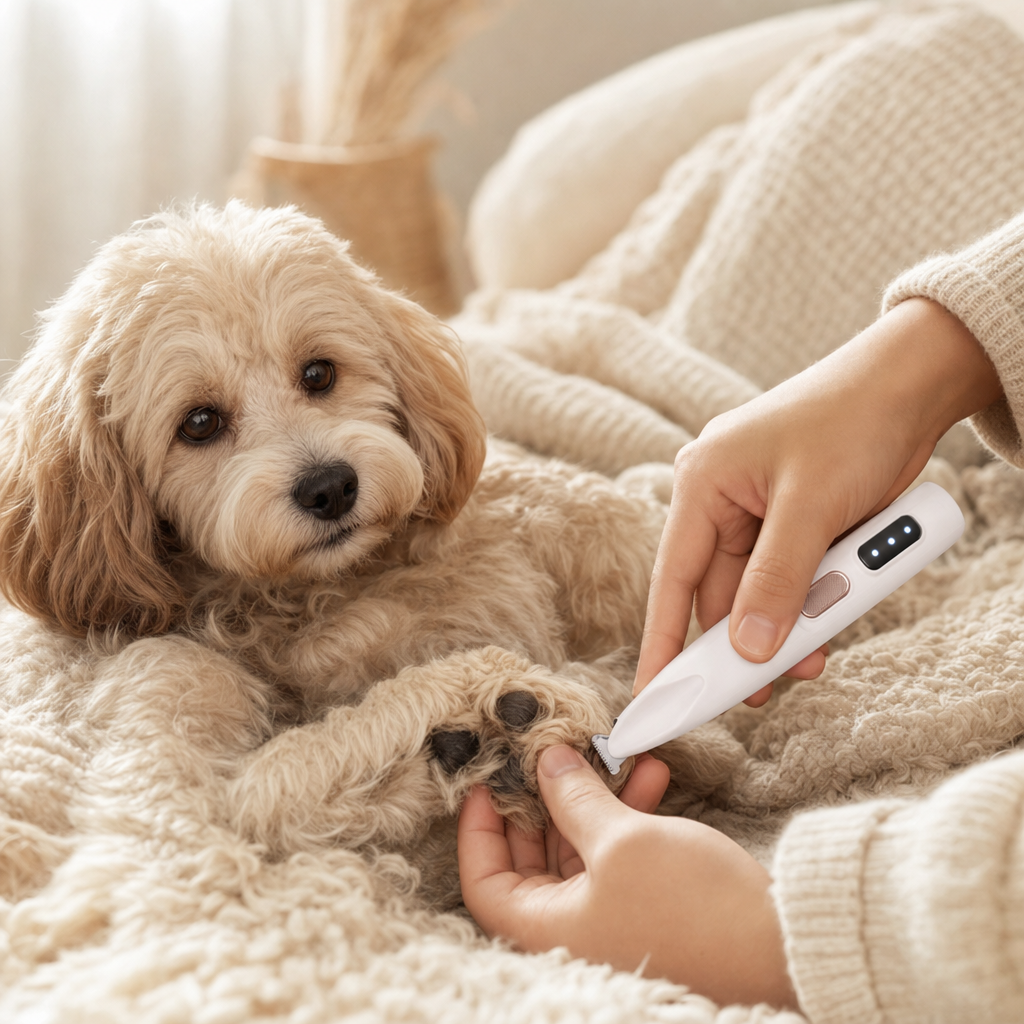 Hond die rustig getrimd wordt met de SILKPAW
