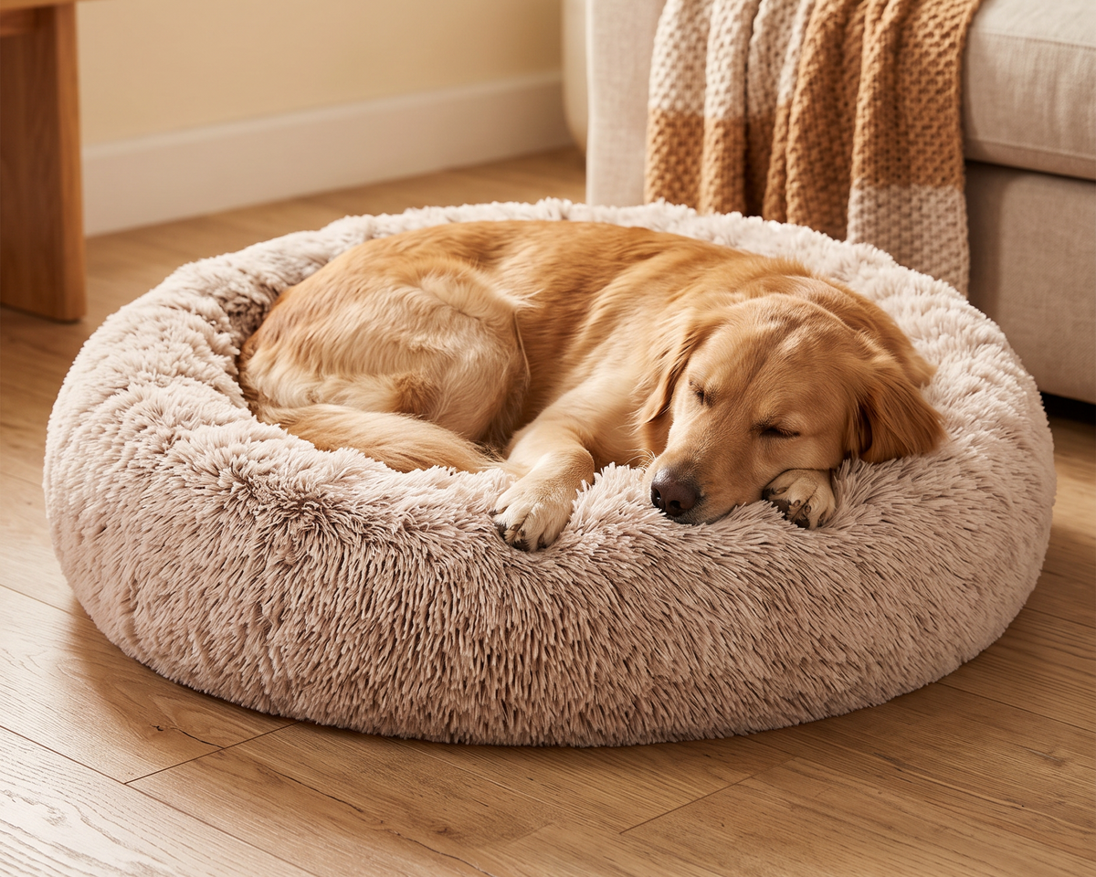 Hond slaapt heerlijk in het CALMNEST Donut Hondenbed