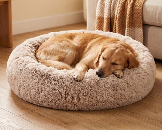 Hond slaapt heerlijk in het CALMNEST Donut Hondenbed