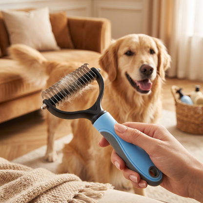FurTrim Ontwolhark - hond wordt gekamd, close-up van de ontwolhark