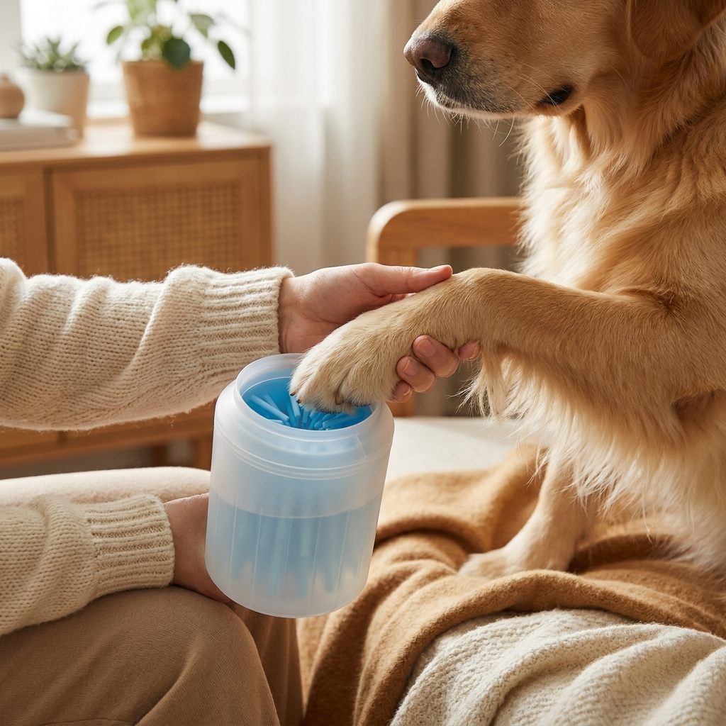 Hond met poot in de poot-reiniger
