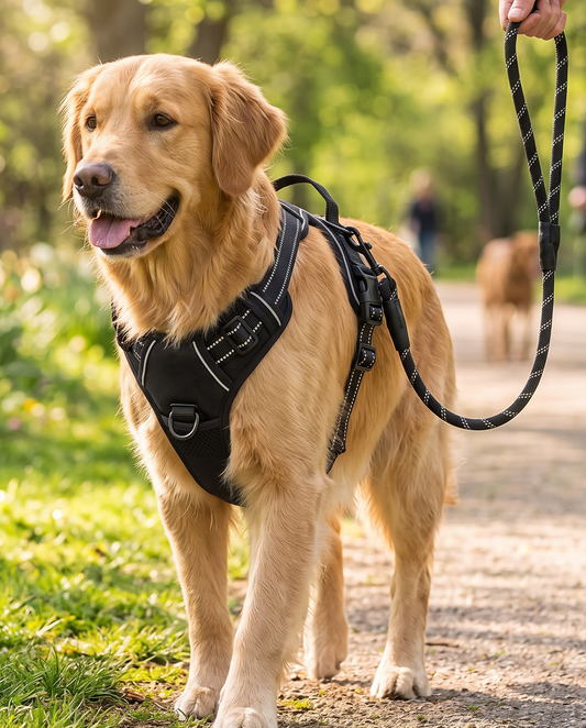 Hond draagt het PerfectWalk Anti-Trek Tuig op de wandeling