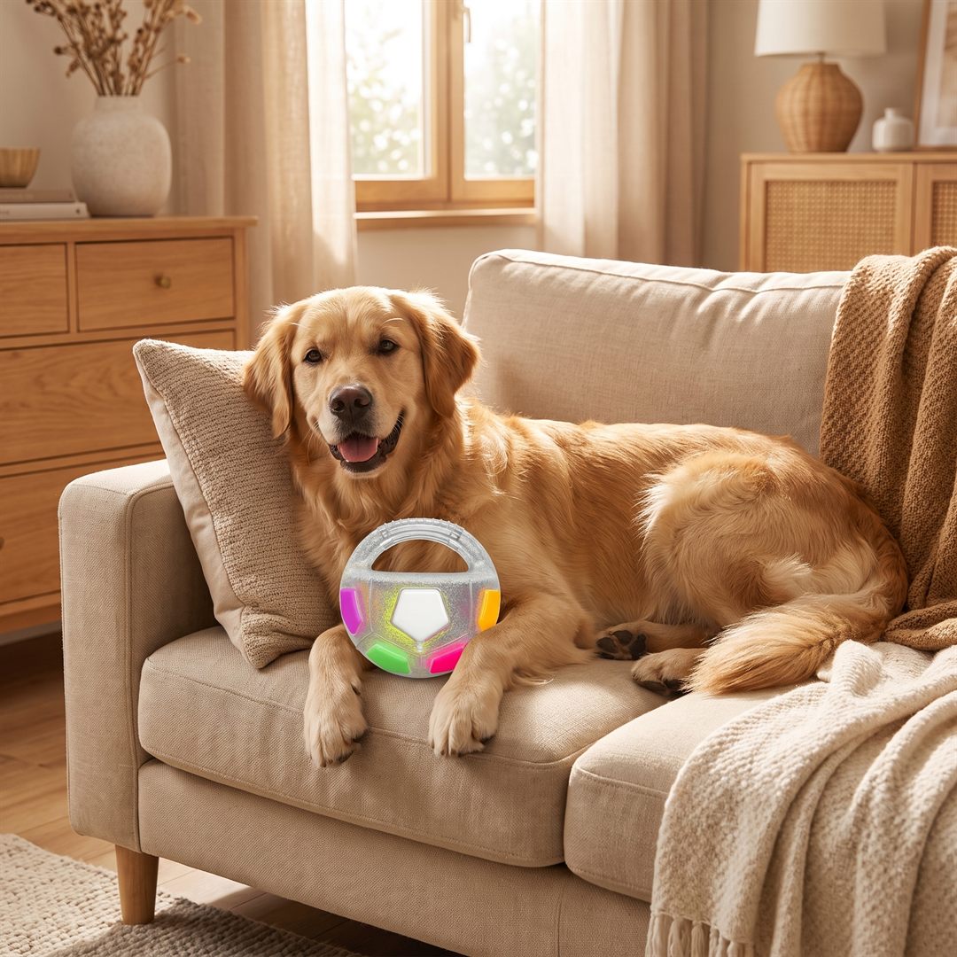 Rustige hond ontspannen met de anti-stress bal op de bank