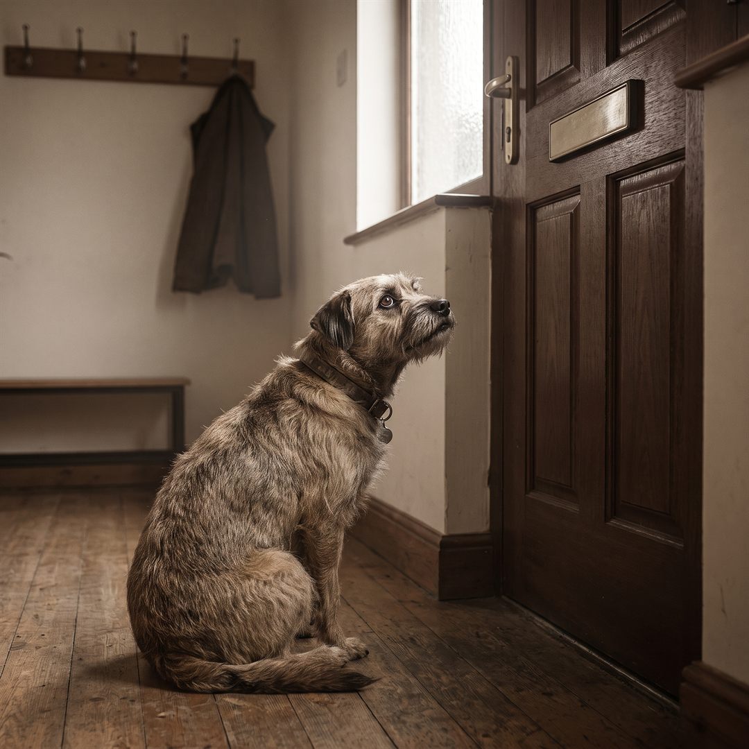 Hond zit alleen bij de voordeur te wachten