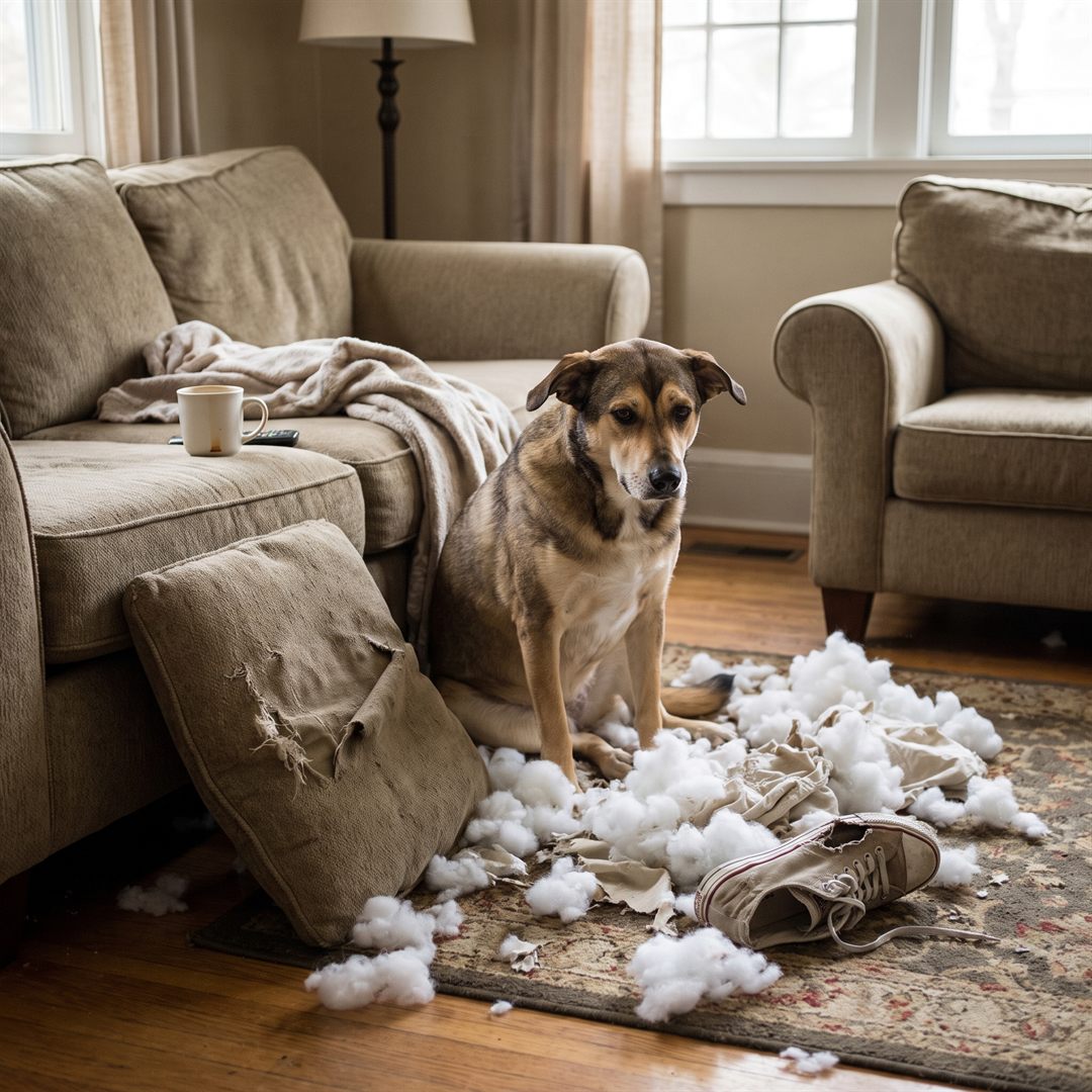 Hond heeft uit stress kussens gesloopt