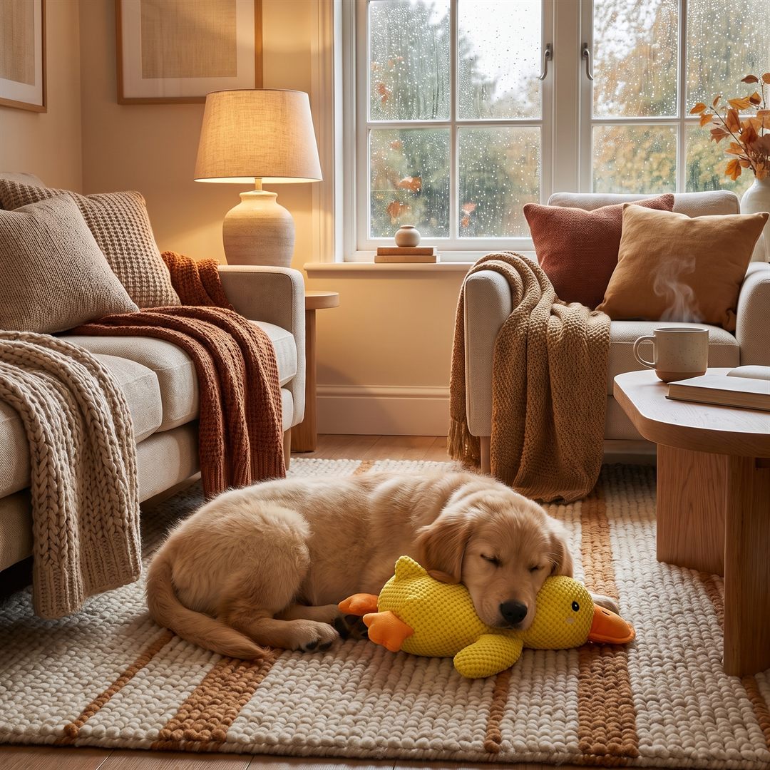 Hond knuffelt binnen met de eend op een regenachtige dag