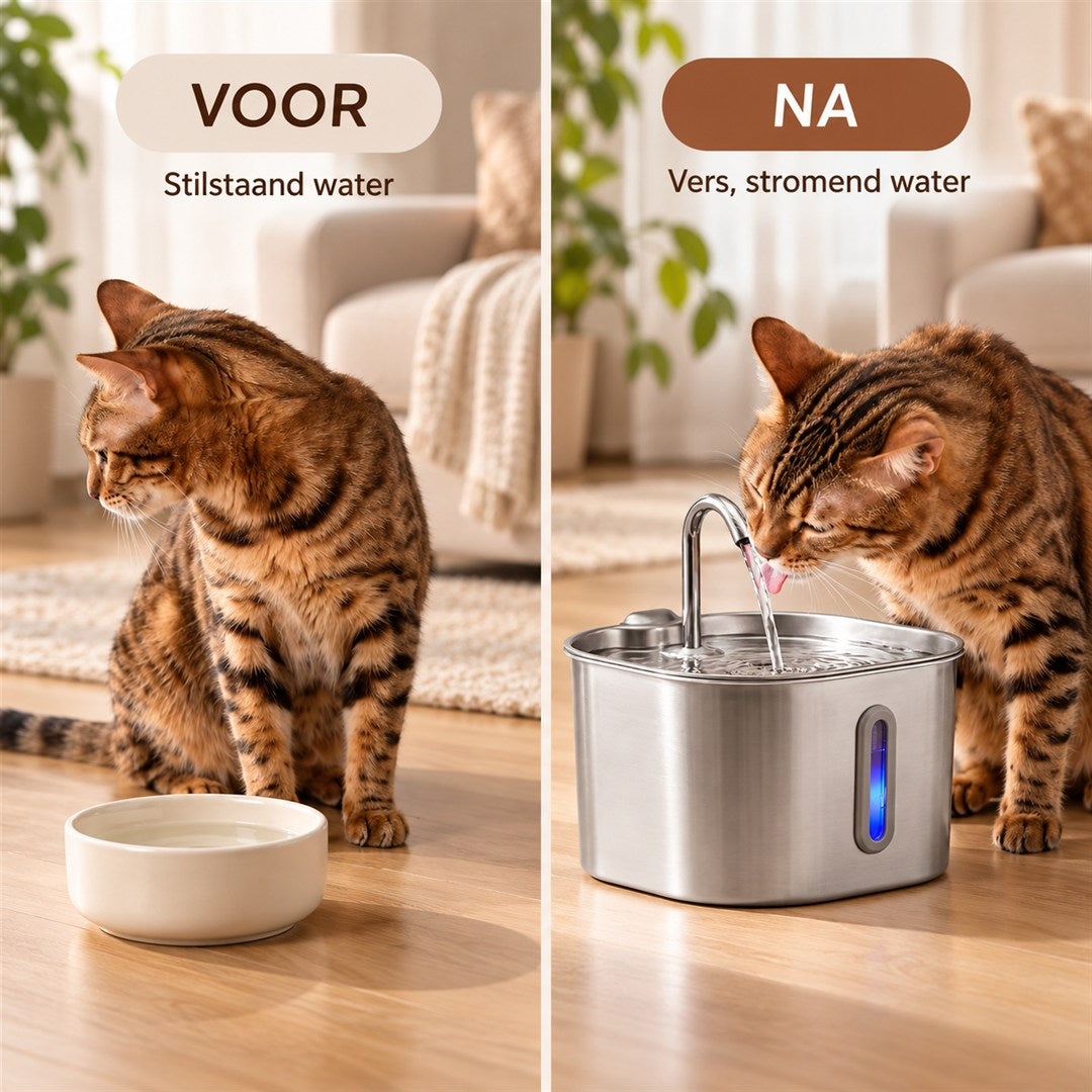 Voor: kat negeert het bakje. Na: kat drinkt van de fontein