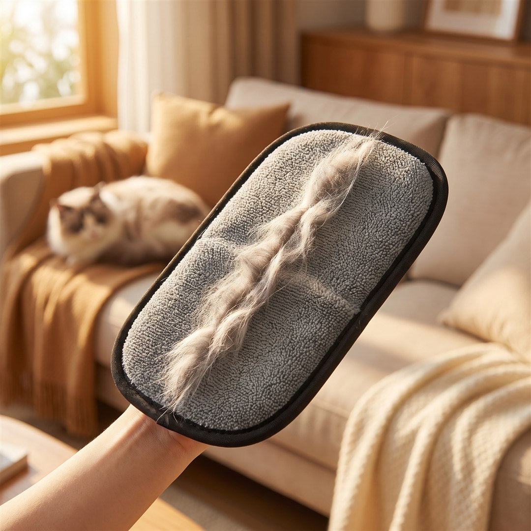 Handschoen met opgeveegd haar en kat op de bank
