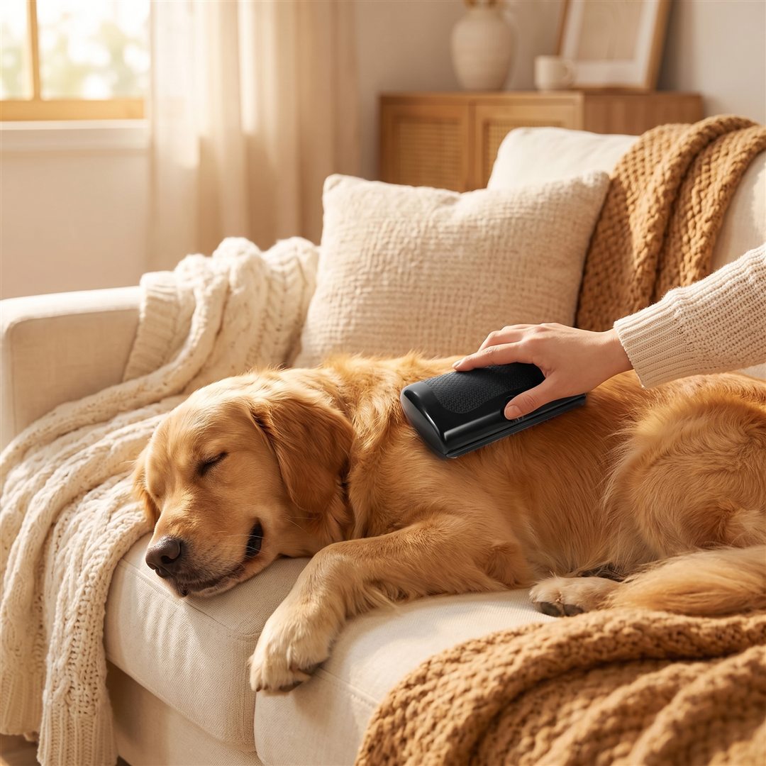 Hond wordt rustig geborsteld op de bank