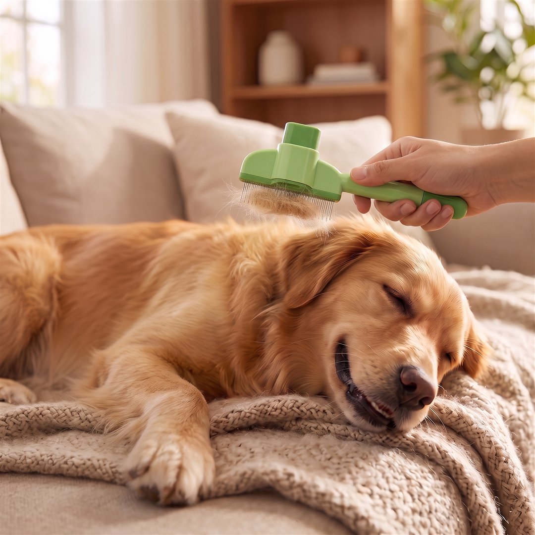 Ontspannen hond wordt geborsteld met de KNOTAWAY