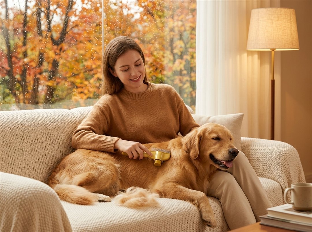 Hond wordt rustig geborsteld op een regenachtige herfstdag