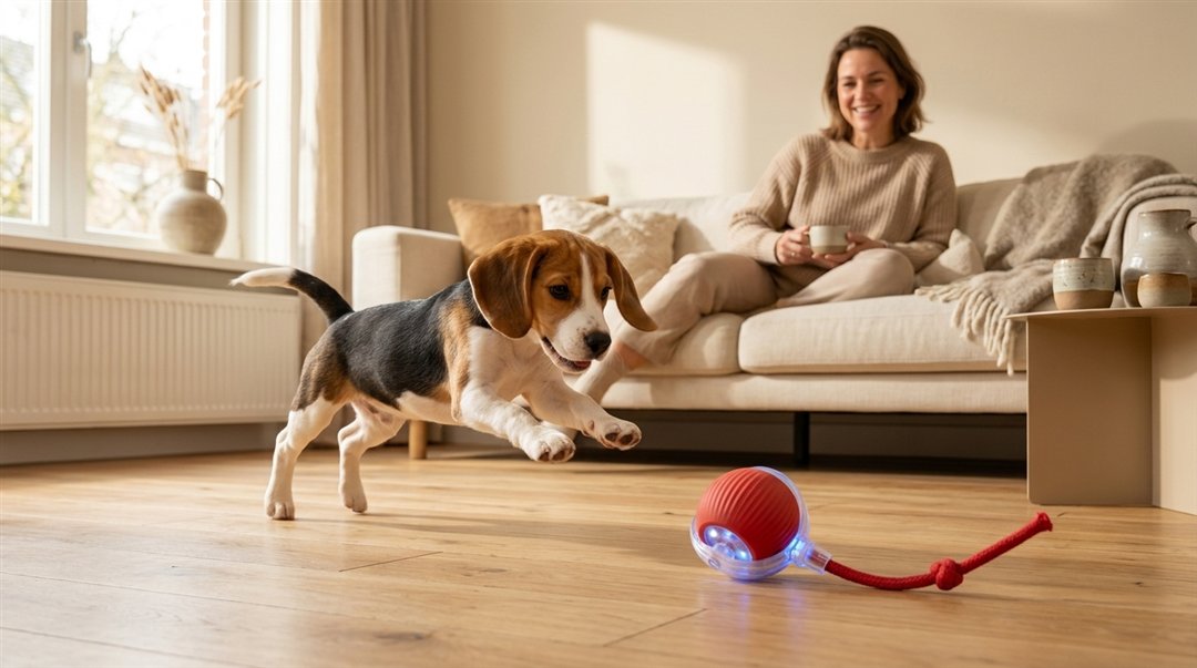 Hond jaagt in de woonkamer op de zelfrollende bal