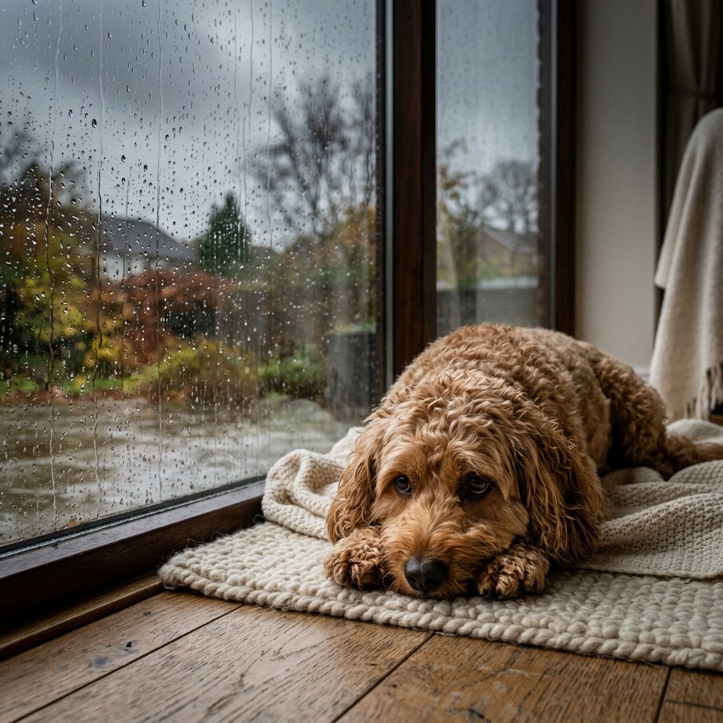 Verveelde hond ligt bij het raam terwijl het regent
