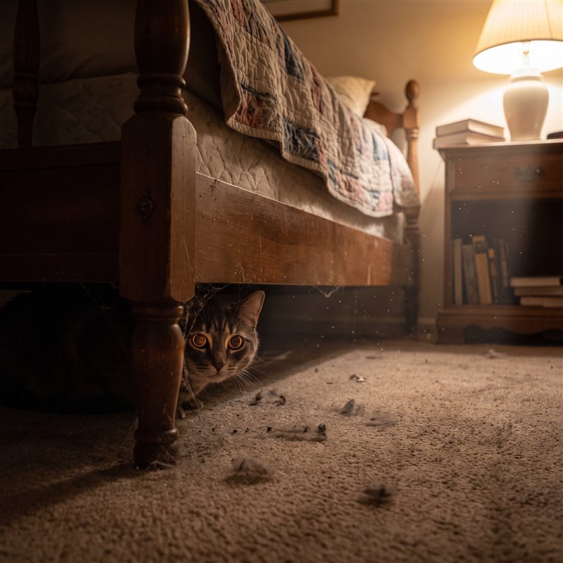 Kat verstopt zich onder het bed