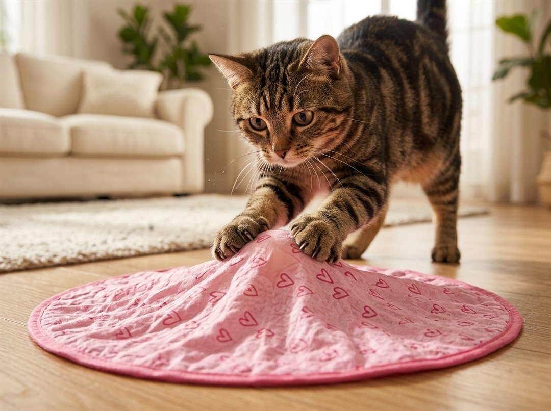 Kat springt op de bewegende bult onder de jachtmat