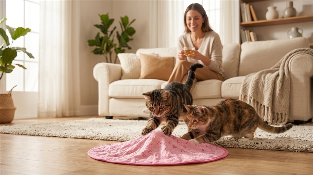 Katten jagen op de bewegende bult onder de jachtmat terwijl hun baasje ontspant