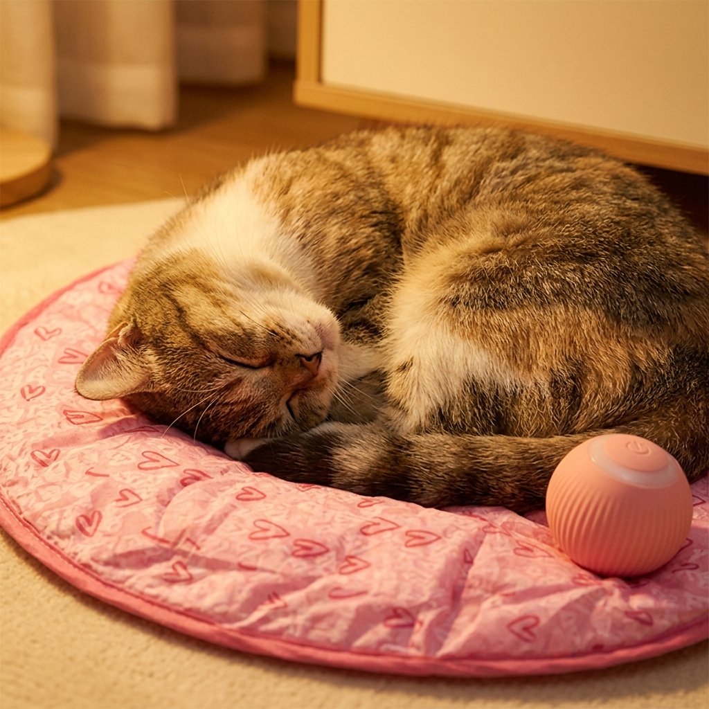 Tevreden kat slaapt op de jachtmat na het spelen