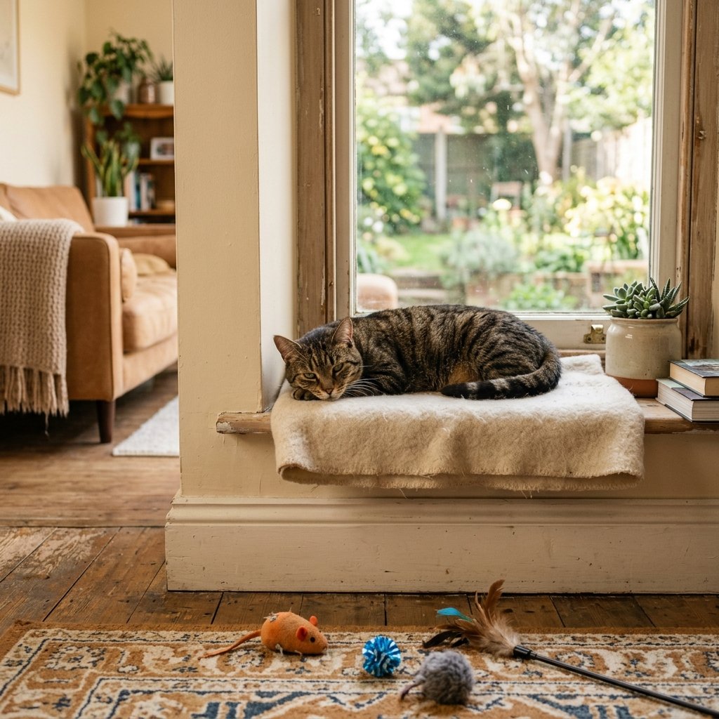 Verveelde kat ligt lusteloos in de vensterbank
