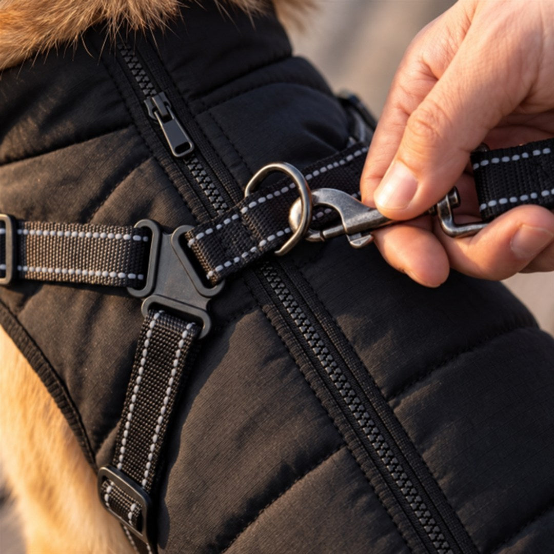 Close-up: het ingebouwde tuigje met D-ring voor de riem