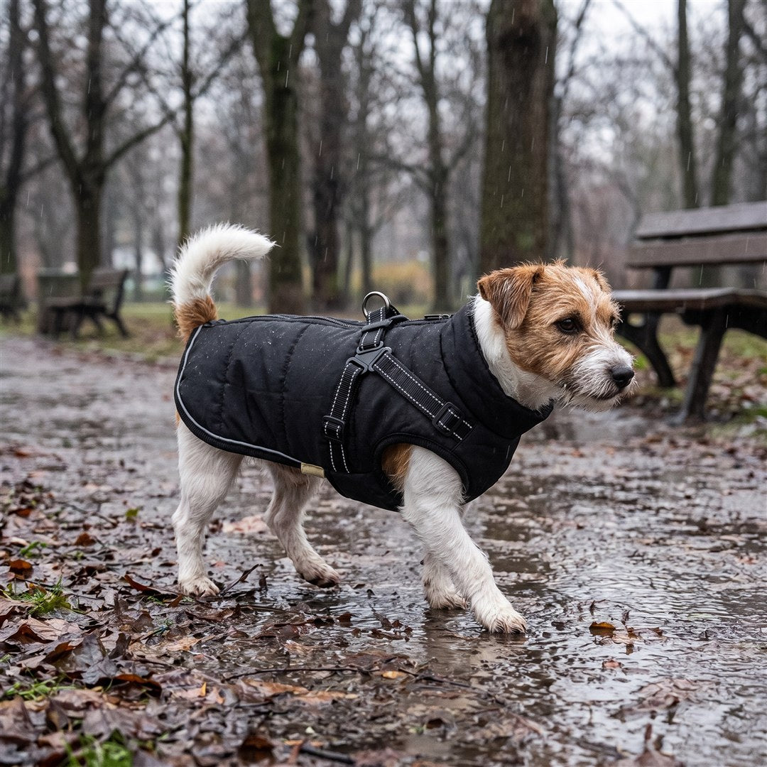 Hond wandelt warm en droog door de winterregen