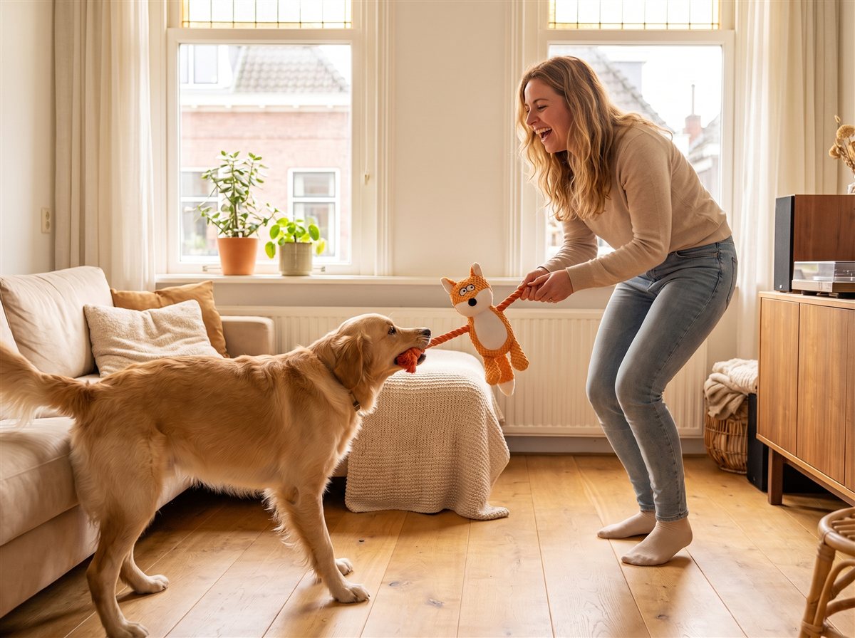 Hond doet trekspel met zijn baasje en een Trekvriendje