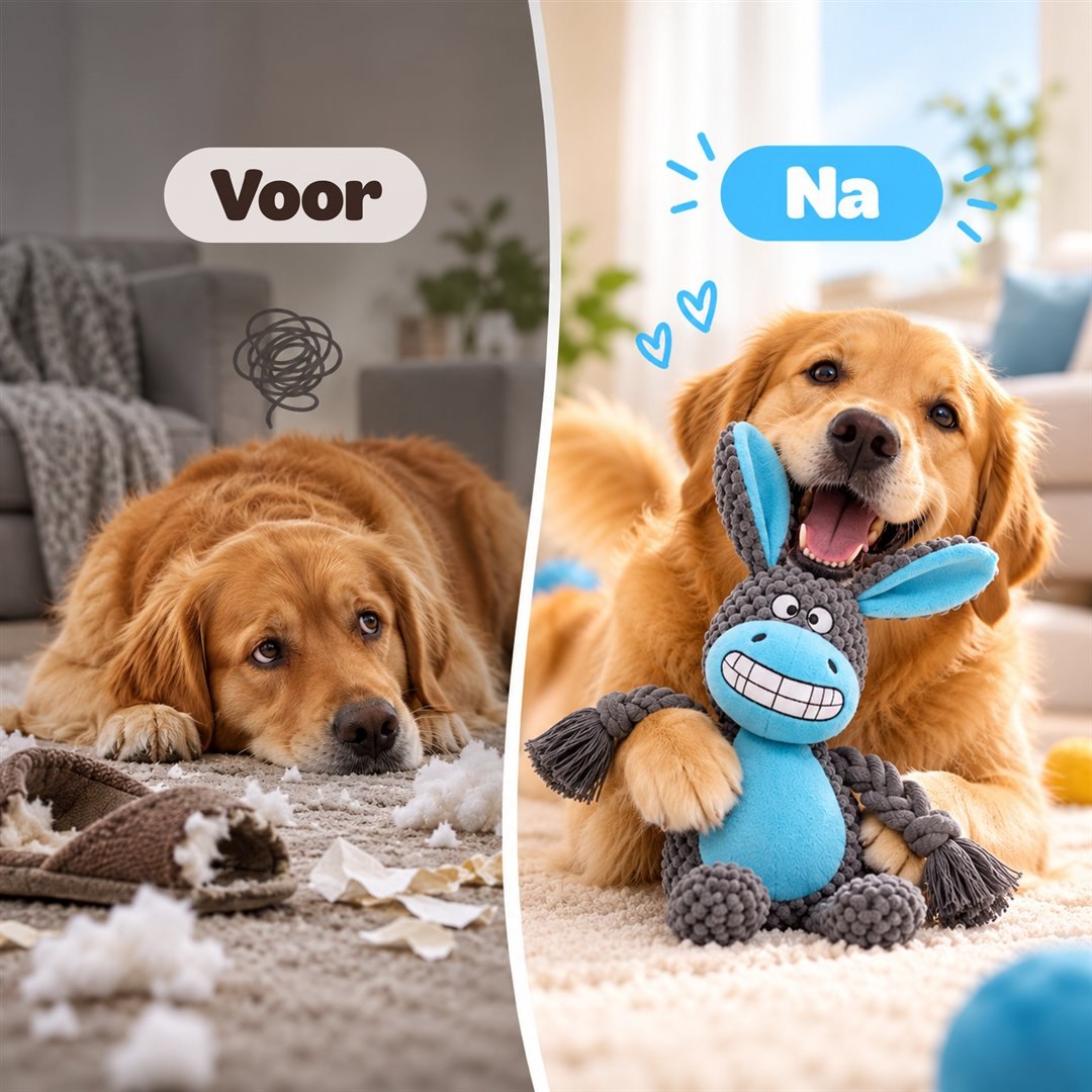 Voor en na: van kapot speelgoed naar een blije hond