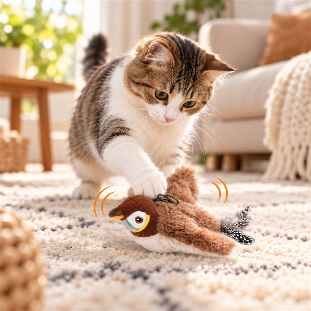 Kat speelt gefascineerd met de vogel