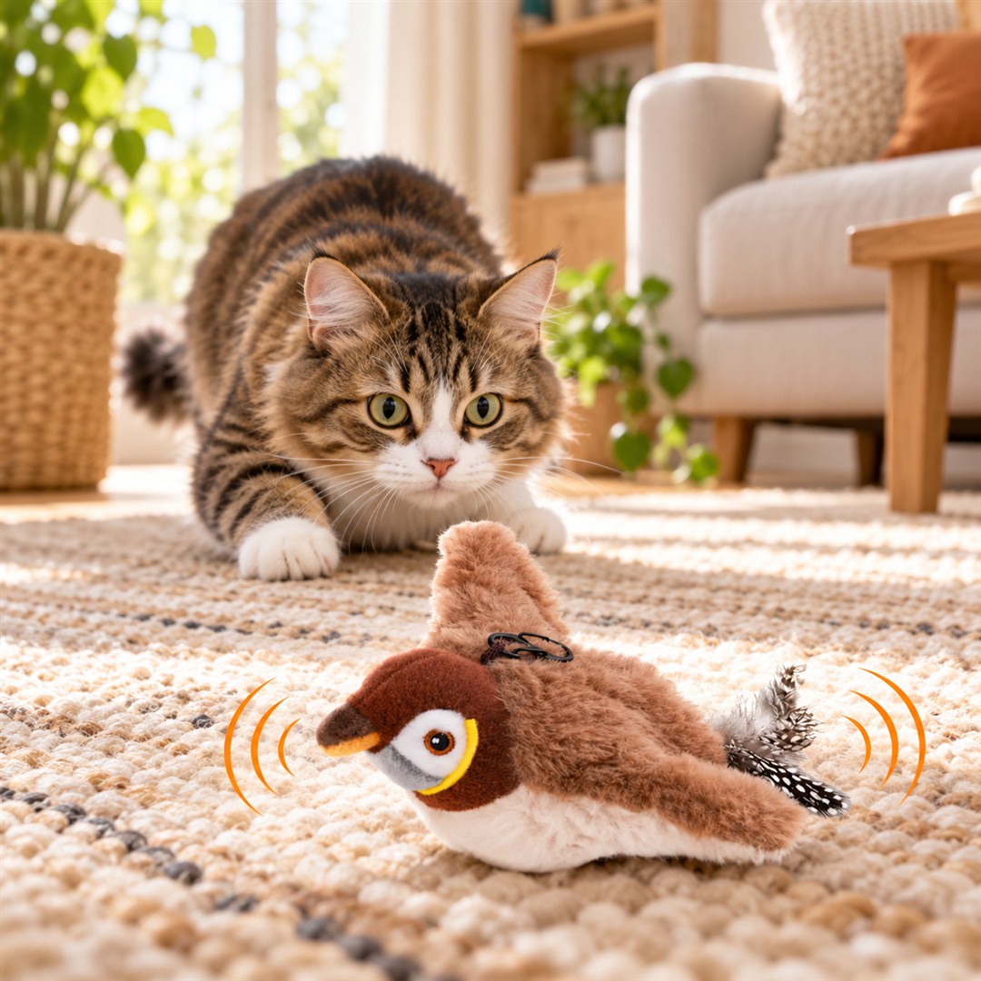 Blije kat speelt met de vogel