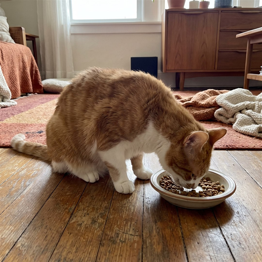 Kat eet in een kromme houding