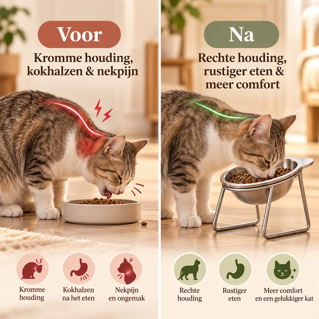 Voor: kromme houding, na: rechte houding en rustiger eten