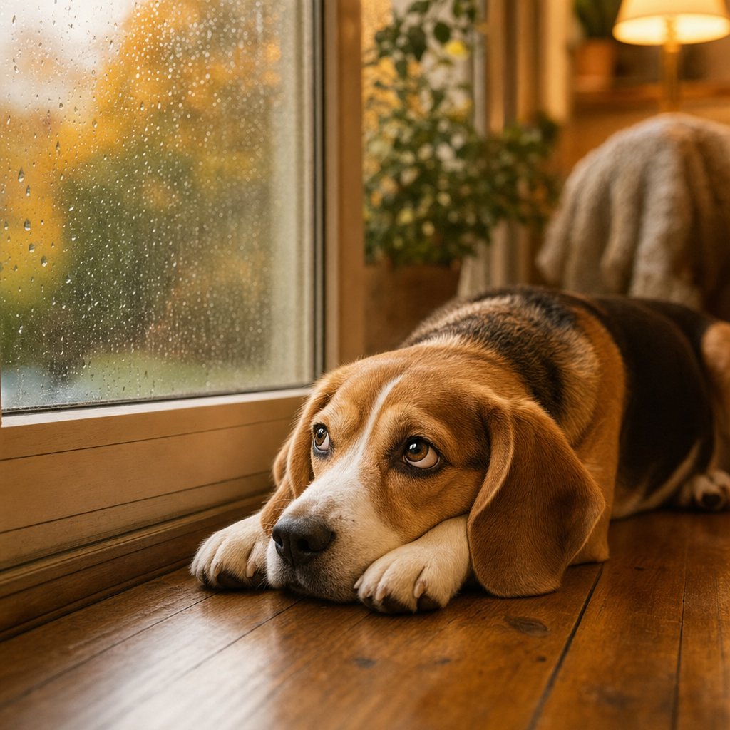 Verveelde hond ligt bij het raam terwijl het regent