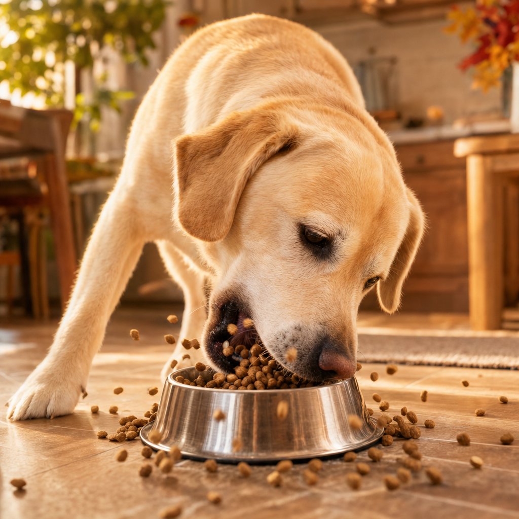 Hond schrokt zijn eten naar binnen